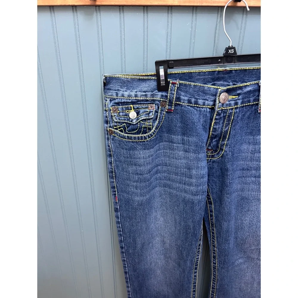 True Religion Bobby Mens Blue Jeans Yellow Contrast Thick Stitch Straight 40x34